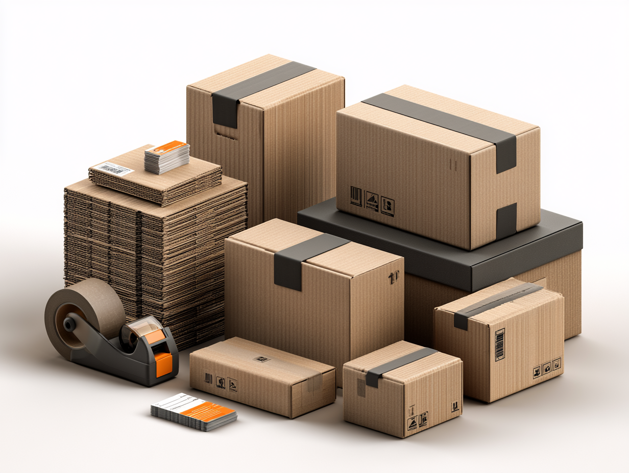 Isometric illustration of brown die-cut postal boxes on a warehouse pallet