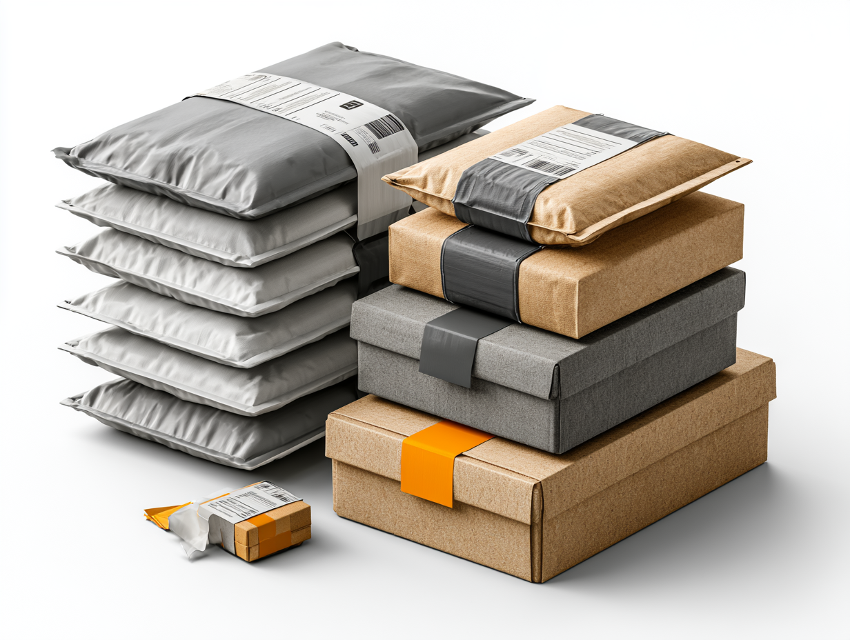 Isometric illustration of grey plastic mailing bags with self-seal strips