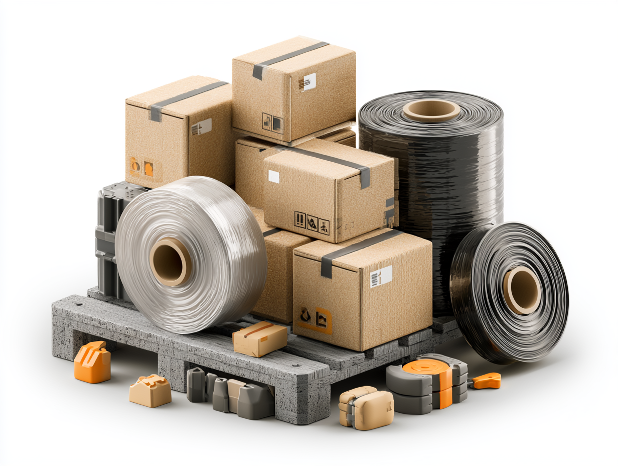 Isometric illustration of a wrapped pallet secured with clear stretch film
