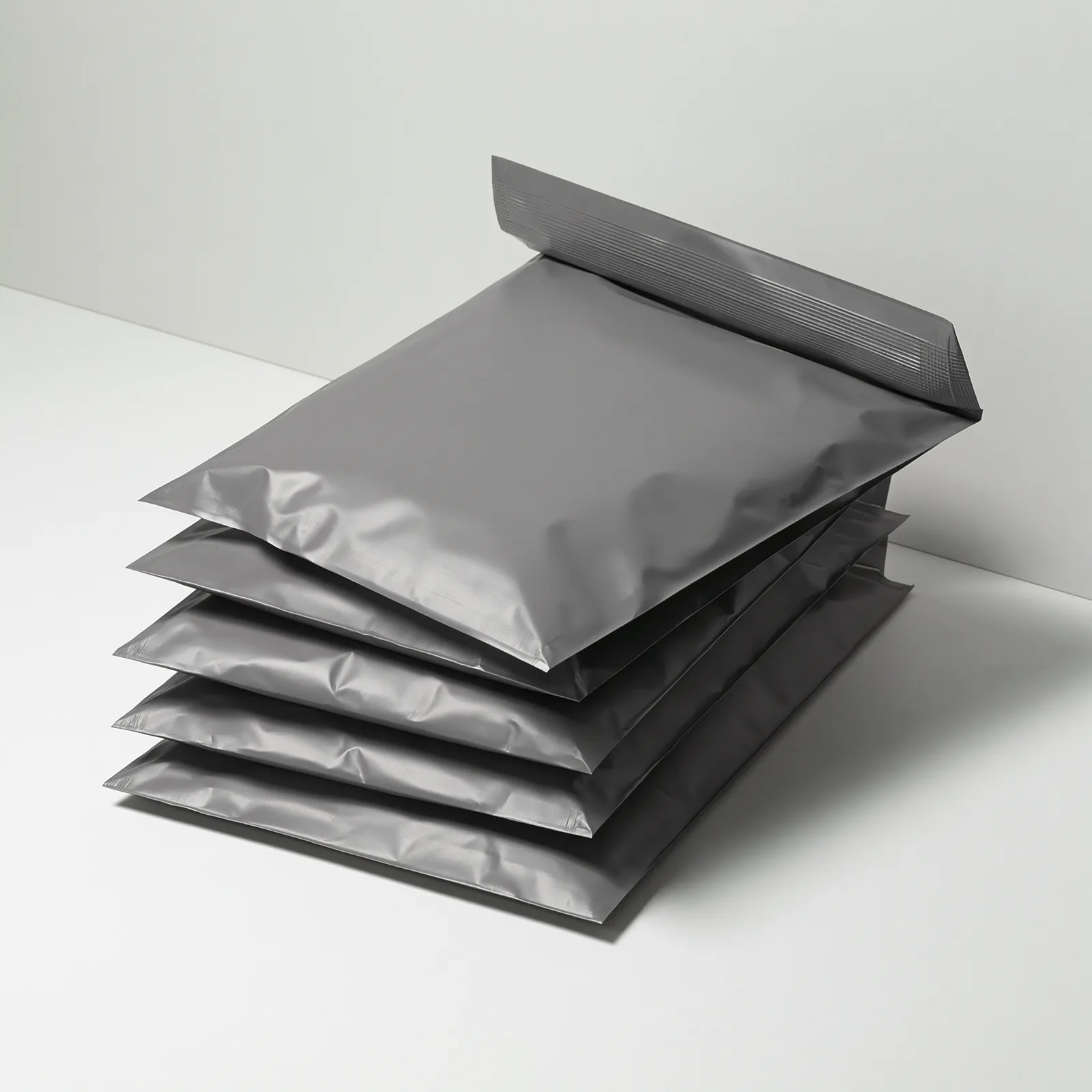 Stack of medium grey self-seal poly mailing bags