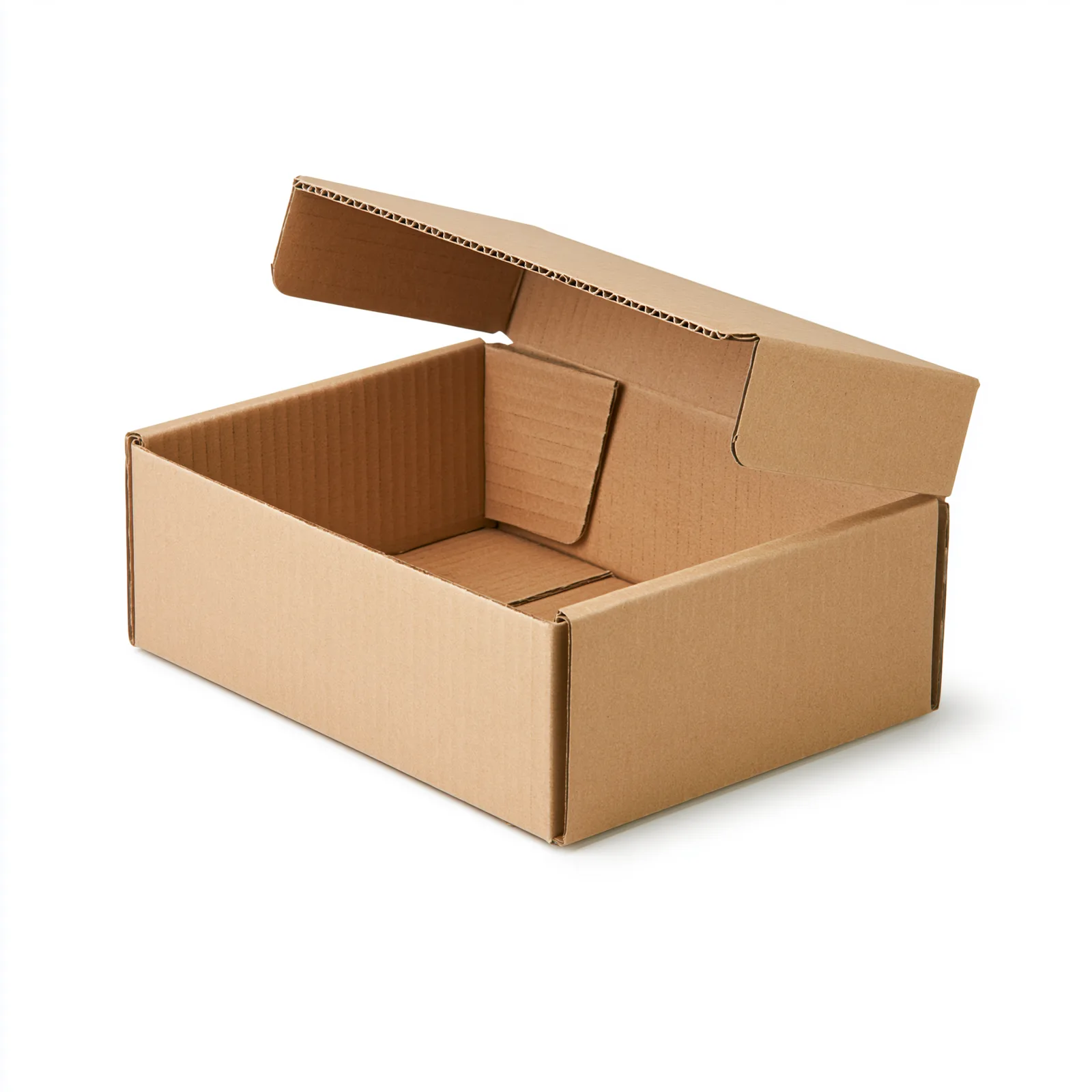 Assembled medium brown die-cut mailer box with folded lid